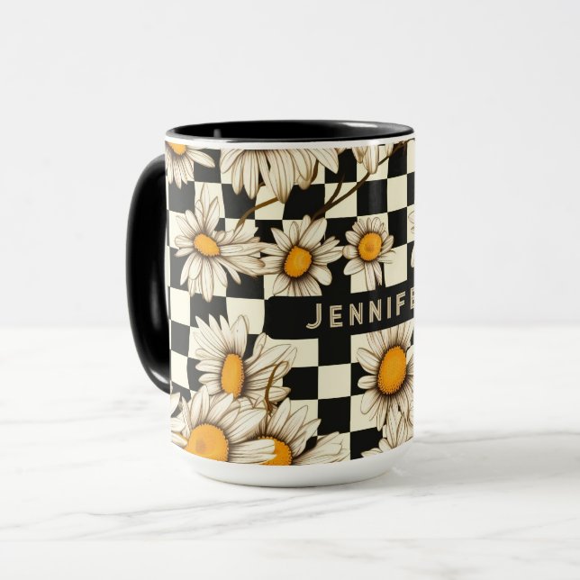 Retro Groovy Daisy Checkerboard Personalized Name Mug (Front Left)