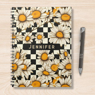 Retro Groovy Daisy Checkerboard Personalized Name Notebook