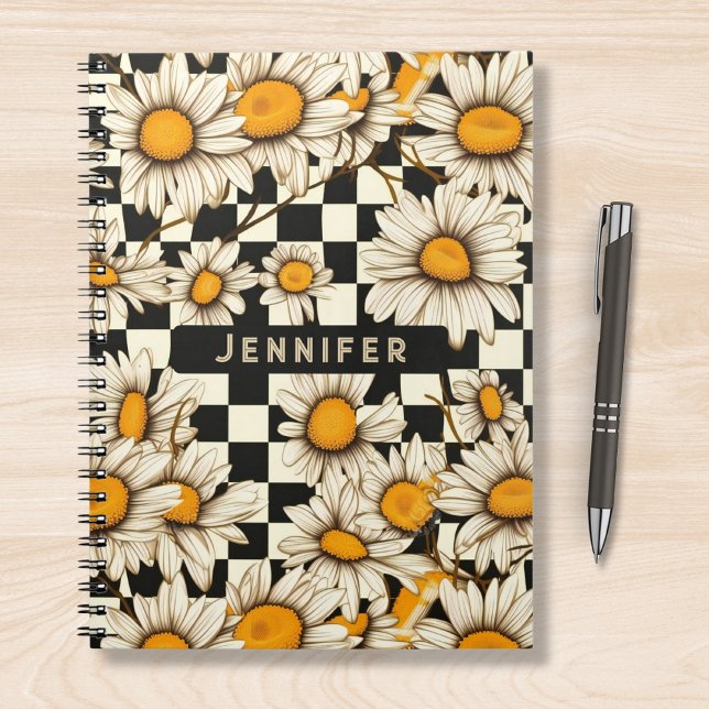 Retro Groovy Daisy Checkerboard Personalized Name Notebook (Creator Uploaded)