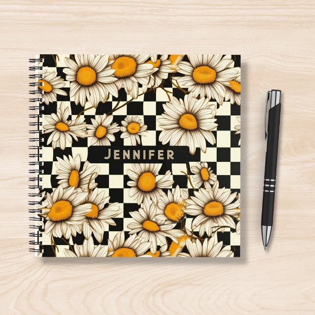 Retro Groovy Daisy Checkerboard Personalized Name Notebook (Creator Uploaded)