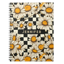Retro Groovy Daisy Checkerboard Personalized Name Notebook