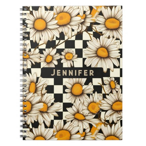 Retro Groovy Daisy Checkerboard Personalized Name Notebook