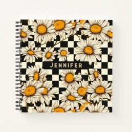 Retro Groovy Daisy Checkerboard Personalized Name Notebook