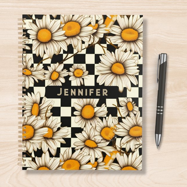 Retro Groovy Daisy Checkerboard Personalized Name Planner (Creator Uploaded)
