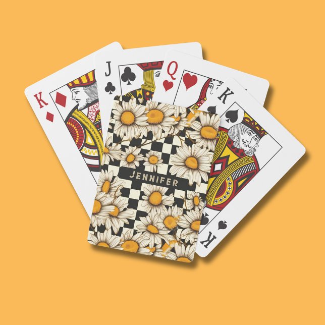 Retro Groovy Daisy Checkerboard Personalized Name Poker Cards (Creator Uploaded)