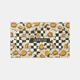 Retro Groovy Daisy Checkerboard Personalized Name Rug