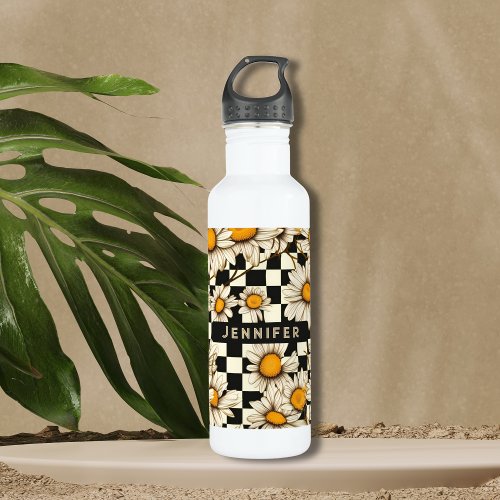 Retro Groovy Daisy Checkerboard Personalized Name Stainless Steel Water Bottle