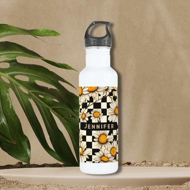 Retro Groovy Daisy Checkerboard Personalized Name Stainless Steel Water Bottle (Creator Uploaded)
