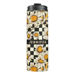 Retro Groovy Daisy Checkerboard Personalized Name Thermal Tumbler