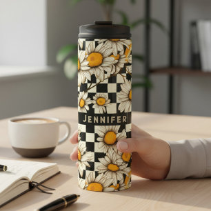 Retro Groovy Daisy Checkerboard Personalized Name Thermal Tumbler