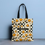 Retro Groovy Daisy Checkerboard Personalized Name Tote Bag<br><div class="desc">Retro Groovy Daisy Checkerboard Personalized Name Tote Bags features a groovy daisy pattern on a black and white checkerboard pattern background with your custom text or personalized name in the center. Perfect as a gift for family and friends for Christmas, birthday, holidays, Mother's day, work colleagues and more. Created by...</div>