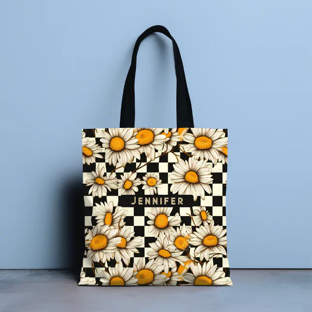 Retro Groovy Daisy Checkerboard Personalized Name Tote Bag

