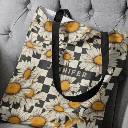 Retro Groovy Daisy Checkerboard Personalized Name Tote Bag