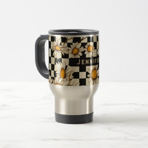 Retro Groovy Daisy Checkerboard Personalized Name Travel Mug