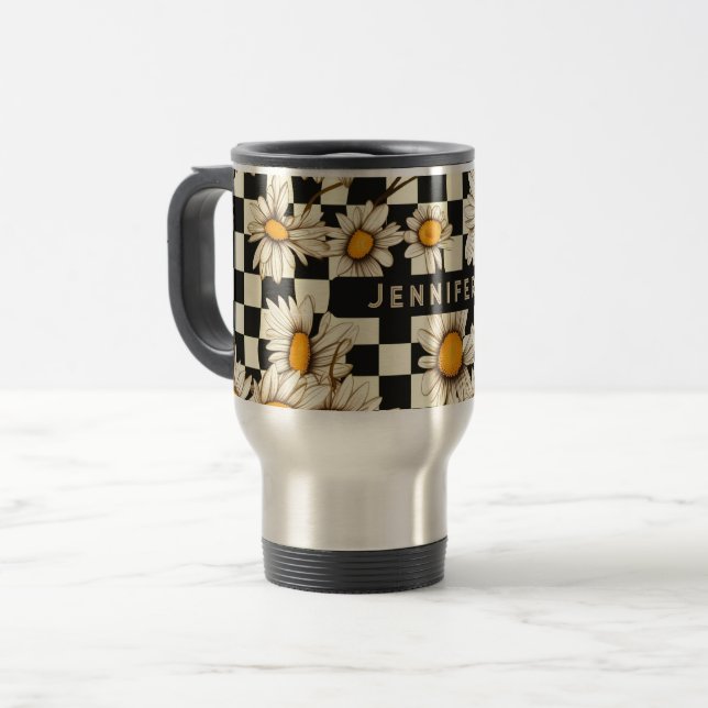 Retro Groovy Daisy Checkerboard Personalized Name Travel Mug (Front Left)