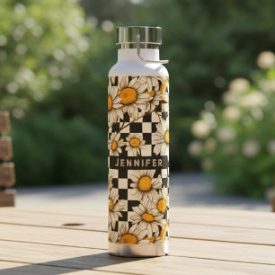 Retro Groovy Daisy Checkerboard Personalized Name Water Bottle
