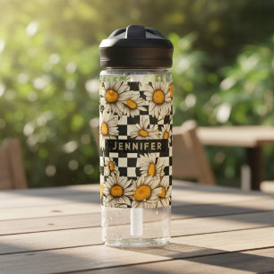 Retro Groovy Daisy Checkerboard Personalized Name Water Bottle