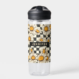 Retro Groovy Daisy Checkerboard Personalized Name Water Bottle