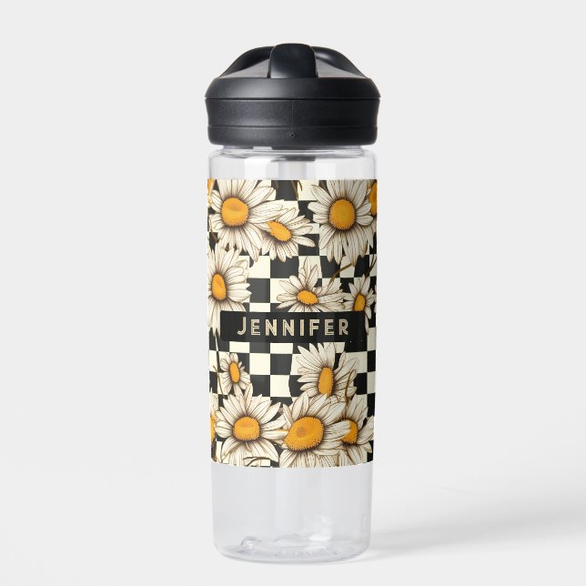 Retro Groovy Daisy Checkerboard Personalized Name Water Bottle (Front)