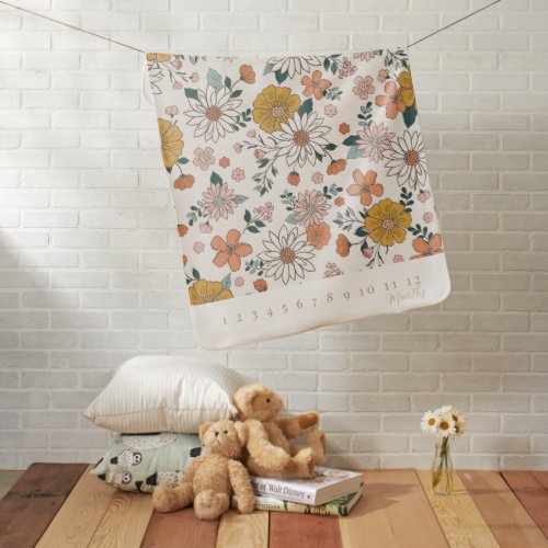 Retro Groovy Daisy Floral Girl Milestone Baby Blanket