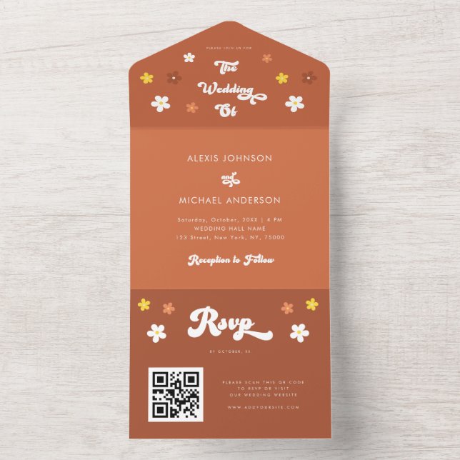 Retro Groovy Daisy Floral Seventies Terracotta  All In One Invitation (Inside)