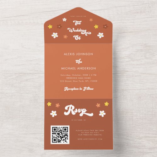 Retro Groovy Daisy Floral Seventies Terracotta  All In One Invitation