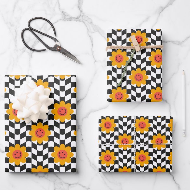 Retro Groovy Daisy Flower Aesthetic Checkered Wrapping Paper Sheets (Front)