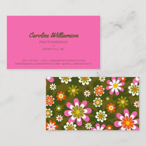 Retro Groovy Daisy Flower Power Hot Pink Green Business Card