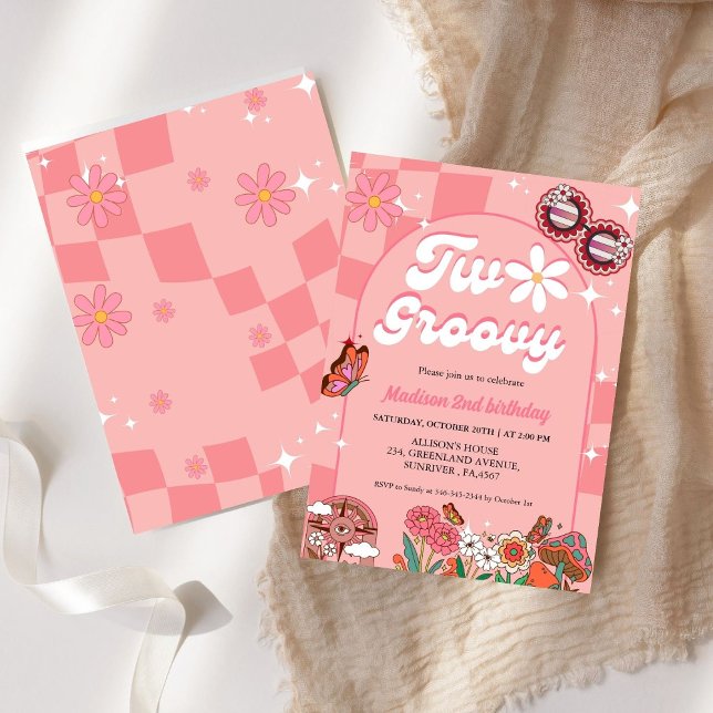Retro groovy daisy flower two groovy 2nd birthday invitation (Creator Uploaded)