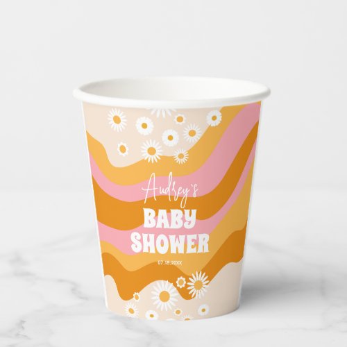 Retro Groovy Daisy Flowers Baby Shower Paper Cups