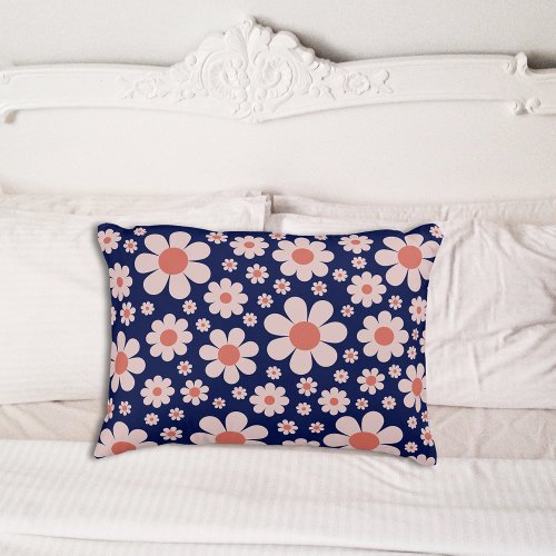 Retro Groovy Daisy Pattern Navy Blue Orange Accent Pillow