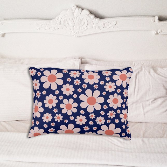 Retro Groovy Daisy Pattern Navy Blue Orange Accent Pillow (Retro 70s daisy pattern navy blue and orange groovy hippie boho pillow)
