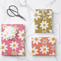 Retro Groovy Daisy Pattern Orange Pink Green Wrapping Paper Sheets