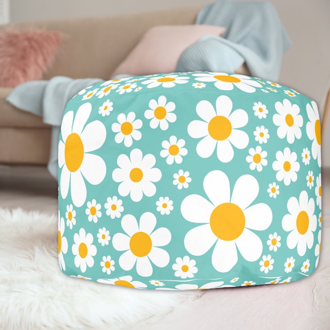 Retro Groovy Daisy Pattern Pouf (Retro groovy daisy pattern pouf in teal green yellow and white)