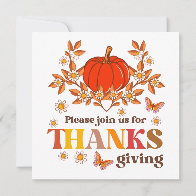 Retro Groovy Daisy Pumpkin Hippie Thanksgiving Invitation (Front)