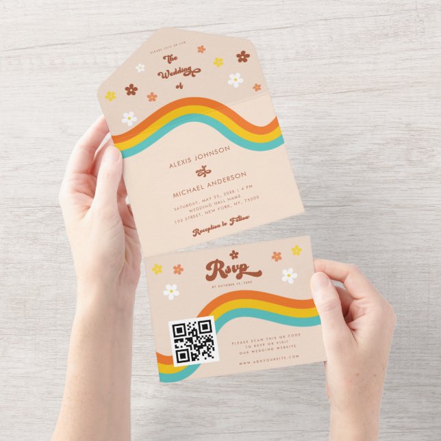 Retro Groovy Daisy Rainbow QR Code Hippie Wedding All In One Invitation (Tearaway)