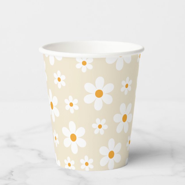 Retro Groovy Daisy Tan Birthday Paper Cups (Front)