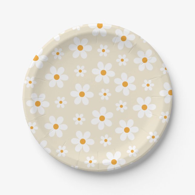 Retro Groovy Daisy Tan Birthday Paper Plates (Front)