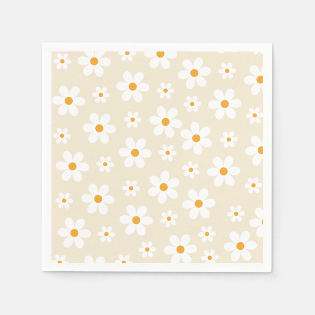 Retro Groovy Daisy Tan Birthday Paper Plates Napkins (Front)