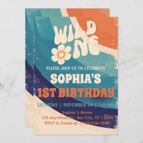 Retro Groovy Daisy Wild One 1st Birthday Girl  Invitation