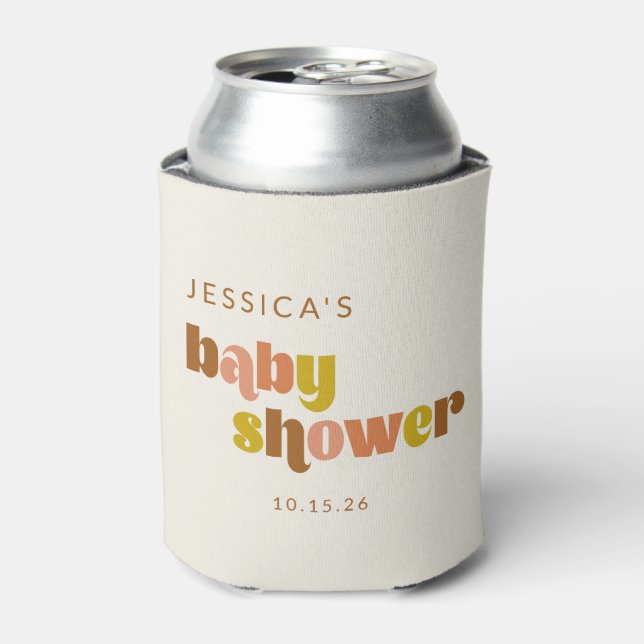 Retro Groovy Earthy Boho Baby Shower Personalized Can Cooler (Can Front)