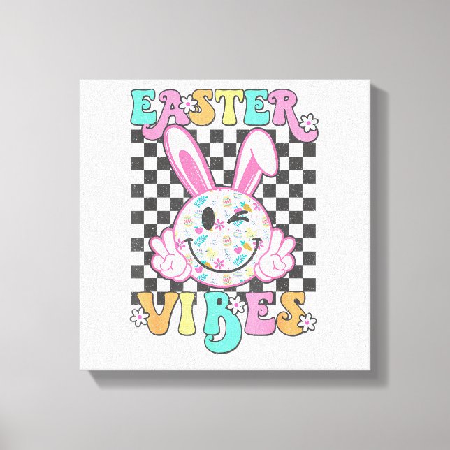 Retro Groovy Easter Vibes Bunny Checkered Smile Wo Canvas Print (Front)