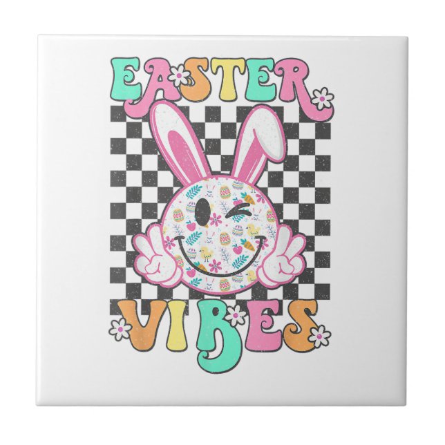 Retro Groovy Easter Vibes Bunny Checkered Smile Wo Ceramic Tile (Front)