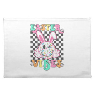 Retro Groovy Easter Vibes Bunny Checkered Smile Wo Cloth Placemat