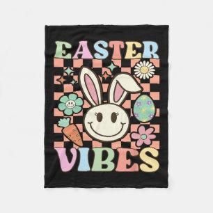 Retro Groovy Easter Vibes Bunny Checkered Smile Wo Fleece Blanket