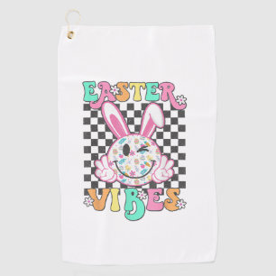 Retro Groovy Easter Vibes Bunny Checkered Smile Wo Golf Towel