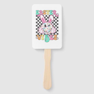 Retro Groovy Easter Vibes Bunny Checkered Smile Wo Hand Fan