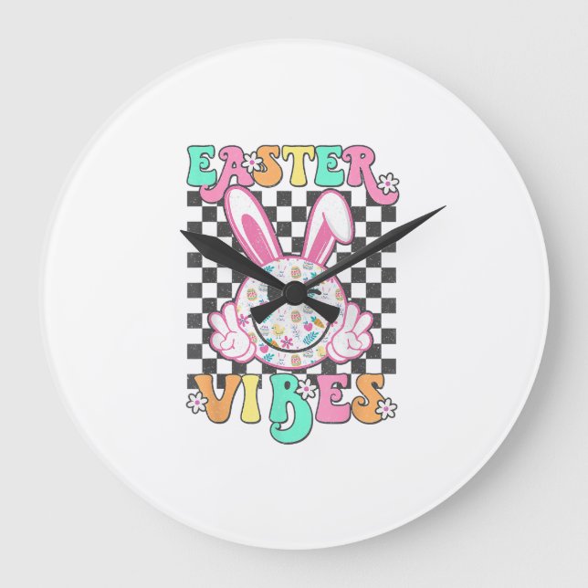 Retro Groovy Easter Vibes Bunny Checkered Smile Wo Large Clock (Front)
