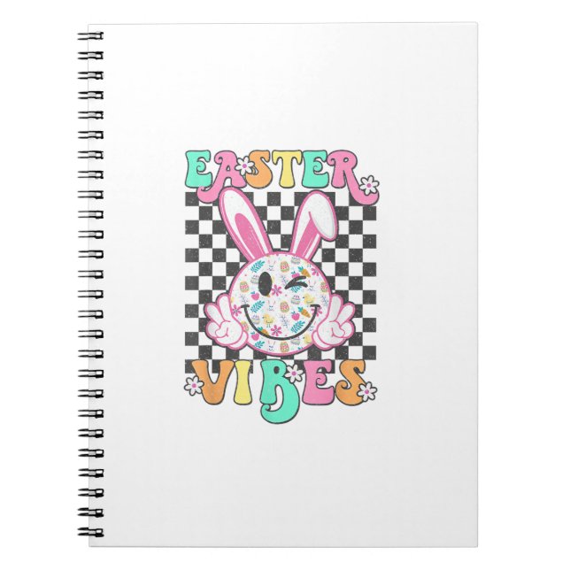 Retro Groovy Easter Vibes Bunny Checkered Smile Wo Notebook (Front)