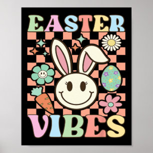 Retro Groovy Easter Vibes Bunny Checkered Smile Wo Poster